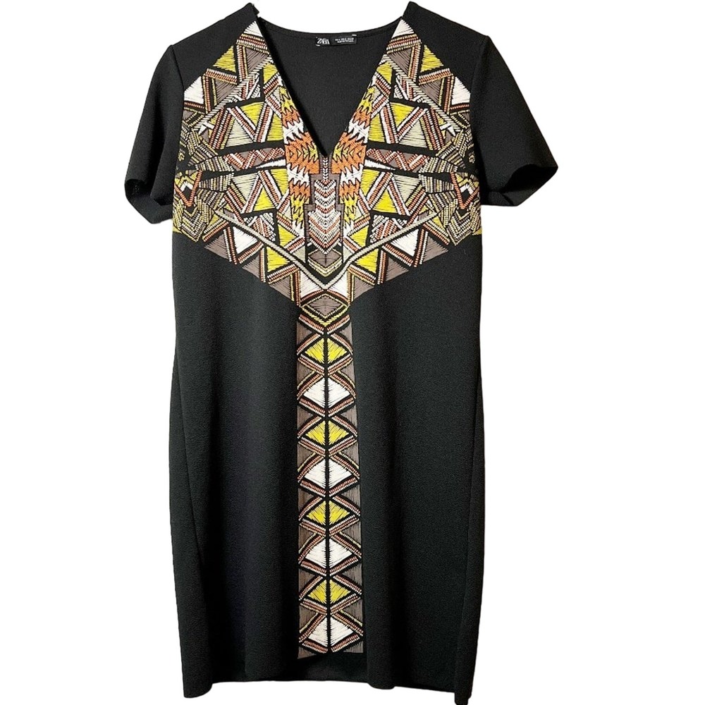 Zara Trafaluc Textured Tribal Print Black Geometric Shift T-Shirt Dress Size S
